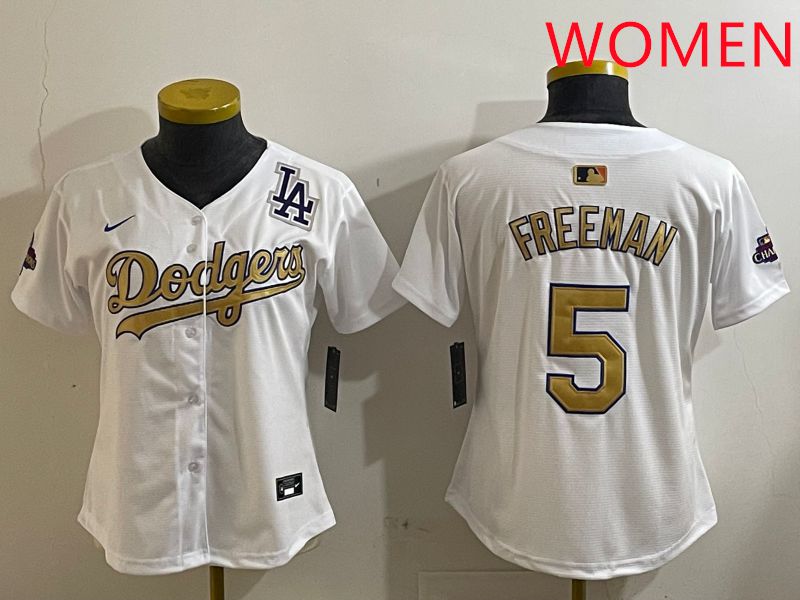 Women Los Angeles Dodgers #5 Freeman White Champion gold character 2025 Nike MLB Jersey style 4126